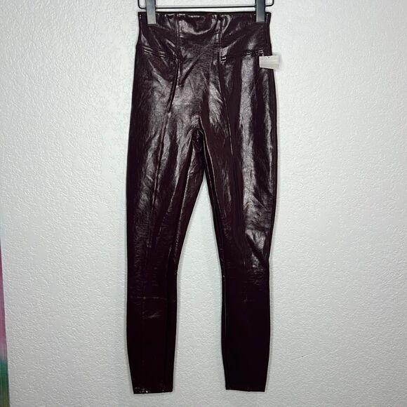 NWT Spanx Faux Patent Leather Leggings Ruby Red Burgundy XS Crinkle - Picture 2 of 12